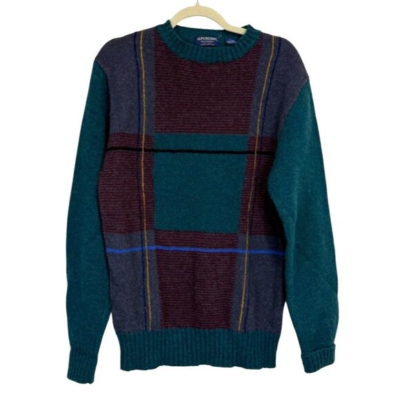 Vintage Puritan Moorings Mens Wool Sweater Plaid Green Red Blue Grandpa Size L - Picture 1 of 6
